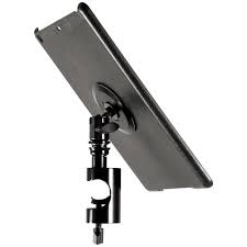 On-Stage TCM9361 Quick disconnect iPad Air mounting system with Snap-On cover - black. Includes round mounting clamp for tubing/piping 21 mm to 30 mm. Mounts to microphone stands, other stage gear, and everyday objects/ surfaces.
