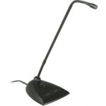 Shure MX412D/C  12" desktop gooseneck condenser microphone, 10' attached XLR cable, logic functions, programmable switch and LED, snap-fit foam windscreen. Attached desktop base.