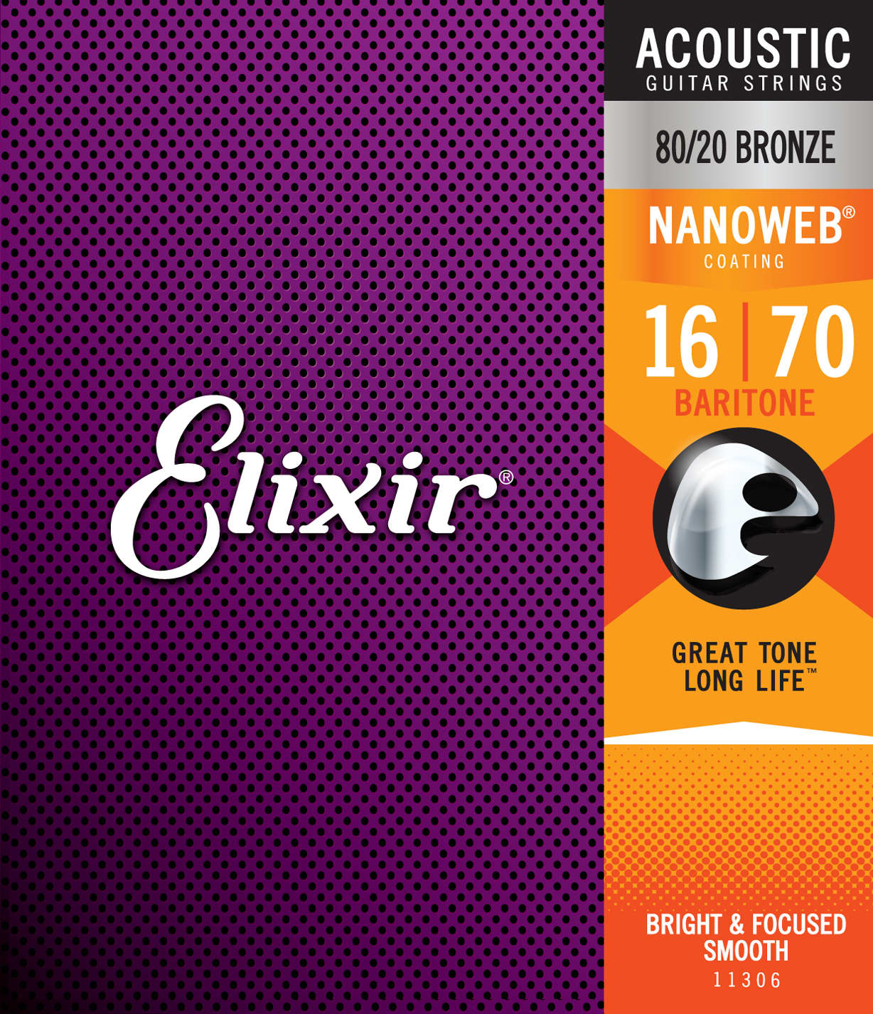 Elixir 11306-ELX 80/20 Bronze 6-String Baritone Acoustic Guitar Strings - 16-70