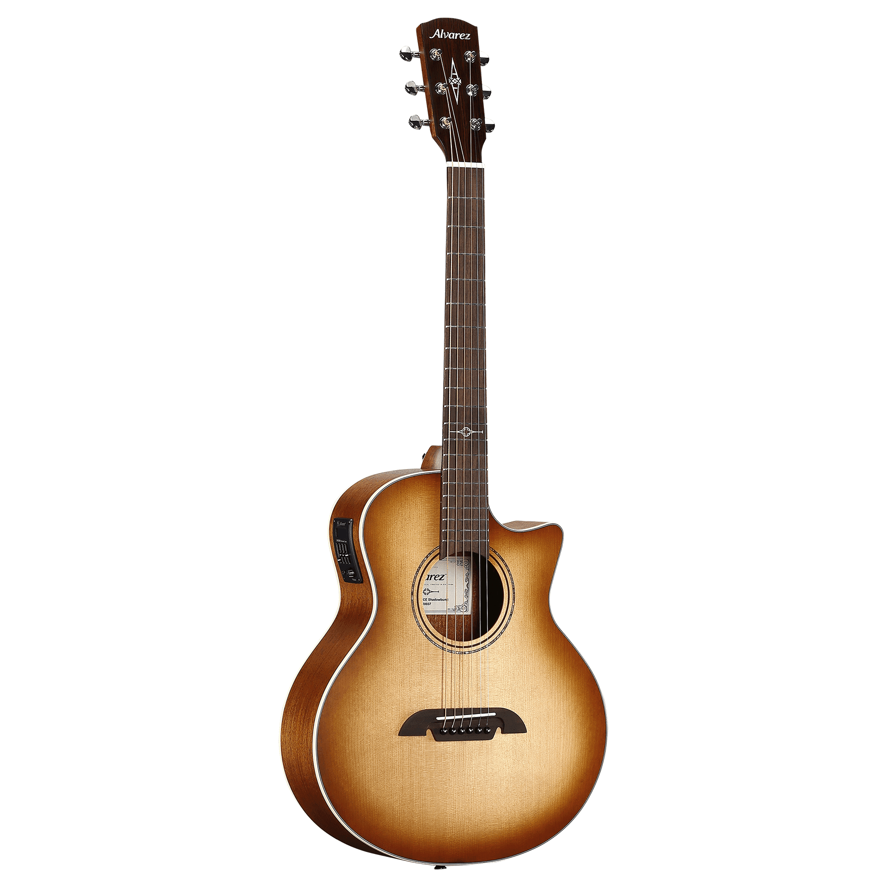 Alvarez ALJ2CE-SHADOWBURST Little Jumbo travel guitar with Sitka spruce top, African mahogany back and sides, cutaway, pickup, and gig bag - Shadowburst
