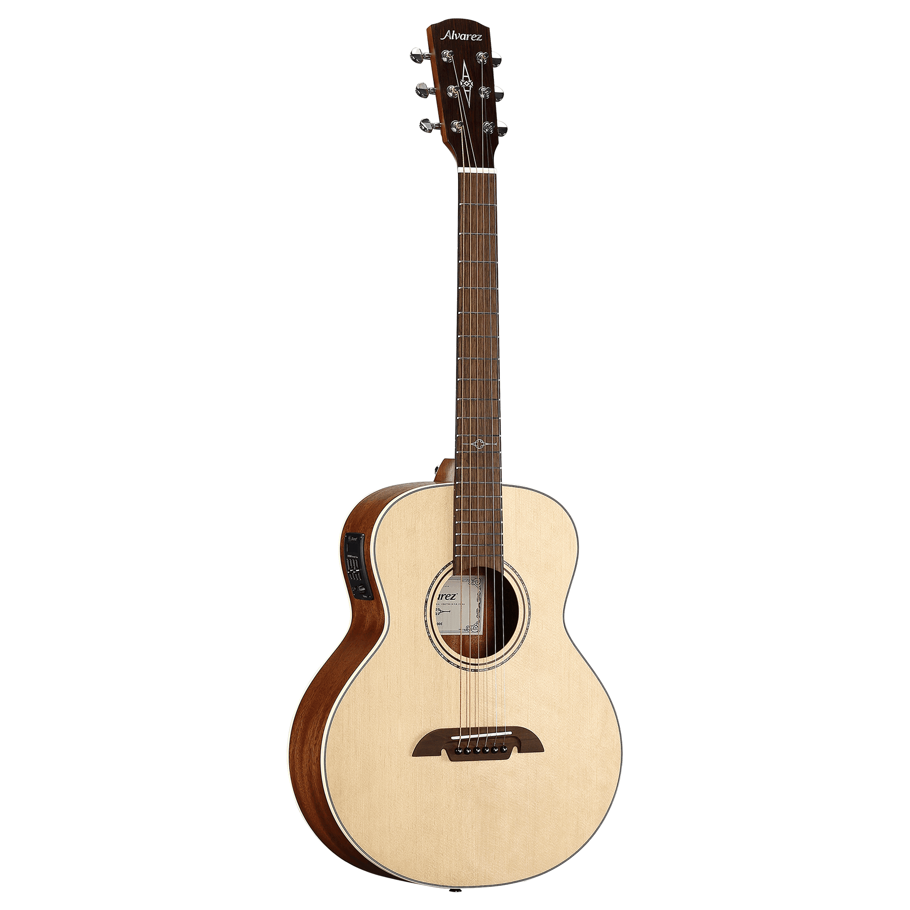 Alvarez ALJ2E Little Jumbo travel guitar with Sitka spruce top, African mahogany back and sides, pickup, and gig bag - Natural Satin